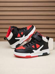 1 Pair Children High-Top Sneakers, PU Leather Sports Shoes, Indoor/Outdoor Casual Running Shoes, Easy Slip-On, Anti-Slip, Breathable, Comfortable, Fashion, Unisex, Christmas Elements - Black - View 6