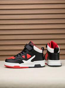 1 Pair Children High-Top Sneakers, PU Leather Sports Shoes, Indoor/Outdoor Casual Running Shoes, Easy Slip-On, Anti-Slip, Breathable, Comfortable, Fashion, Unisex, Christmas Elements - Black - View 9