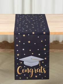 1pc Graduation 2025 Party Decorations Table Runners, Black Grey Hat Pattern, Polyester Table Runner Tablecloth Table Cover, Graduation Party 2025 Dining Room Table Decor, Home Decor, Black Gold Table Ornaments, Graduation Party Supplies, Graduation Theme Table Runner For Party Favors