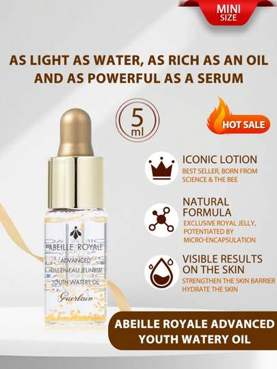 Guerlain 娇兰【迷你装】帝皇蜂姿青春水润精华油，5毫升 - 一款三效合一的多功能面部精华油，质地独特，轻盈如水，滋养如油，功效如精华。升级配方蕴含95%天然成分，以及来自保护区和生物圈的4种珍贵蜂蜜。这款瞬间吸收的保湿精华油，可将肌肤修护力提升9倍，令肌肤焕发光彩。【包装随机（共2款）】