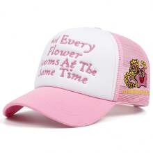 1顶男士时尚粉色卡车刺绣嘻哈帽，可调节男女通用情侣棒球帽，适合春秋季佩戴，休闲可爱涤纶刺绣网眼拼接棒球帽，适合旅行、沙滩派对 - MONEY錢袋 - 查看 5