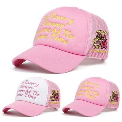 1 pieza Gorra de béisbol ajustable tipo snapback de malla con diseño de bordado de camión rosa, unisex, ideal para primavera, otoño, exterior, viajes, fiestas en la playa, uso casual, con diseño de empalme de poliéster bordado