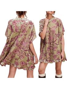 Women Velvet Dress, Long Sleeve Crew Neck Flower Mini Dress Loose Fall Casual Dress - Green - View 3
