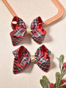 Bộ 2 kẹp tóc nơ hoa bong bóng polyester kẻ caro cho bé gái, Bộ sưu tập công chúa Giáng sinh dễ thương và ngọt ngào, Mặt hàng rẻ nhất hiện có, Phụ kiện tóc trang điểm hàng ngày cho bé gái - Đỏ - Xem 2