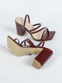 女士黄色高跟方头粗跟高跟鞋，柔软皮革舒适百搭高跟鞋，增加身高和腿长 - 酒紅色 - 查看 7