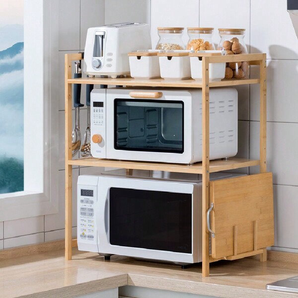 Étagère à micro-ondes, 2 niveaux Support à micro-ondes en bambou Arrêts à micro-ondes avec 4 palans et support pour planche à découper, Mikrowellenhalterung multifonctionnel en bois pour cuisines, 35cm * 55cm * 67cm