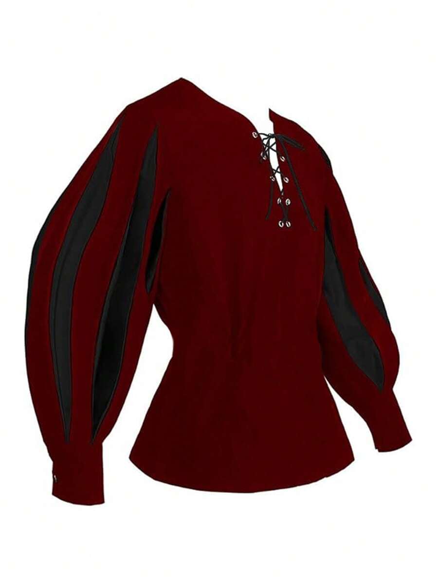 Heren Retro Renaissance Middeleeuwse Stijl Vetersluiting Contrasterende Kleur Shirt Top, Geschikt Voor Optredens