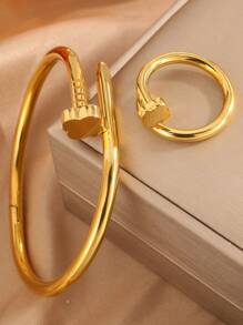 2 piezas combinación de brazalete y anillo clásicos de acero inoxidable con diseño de corazón/flor, de estilo sencillo y moderno, look atemporal, adecuado para todos tus estilos