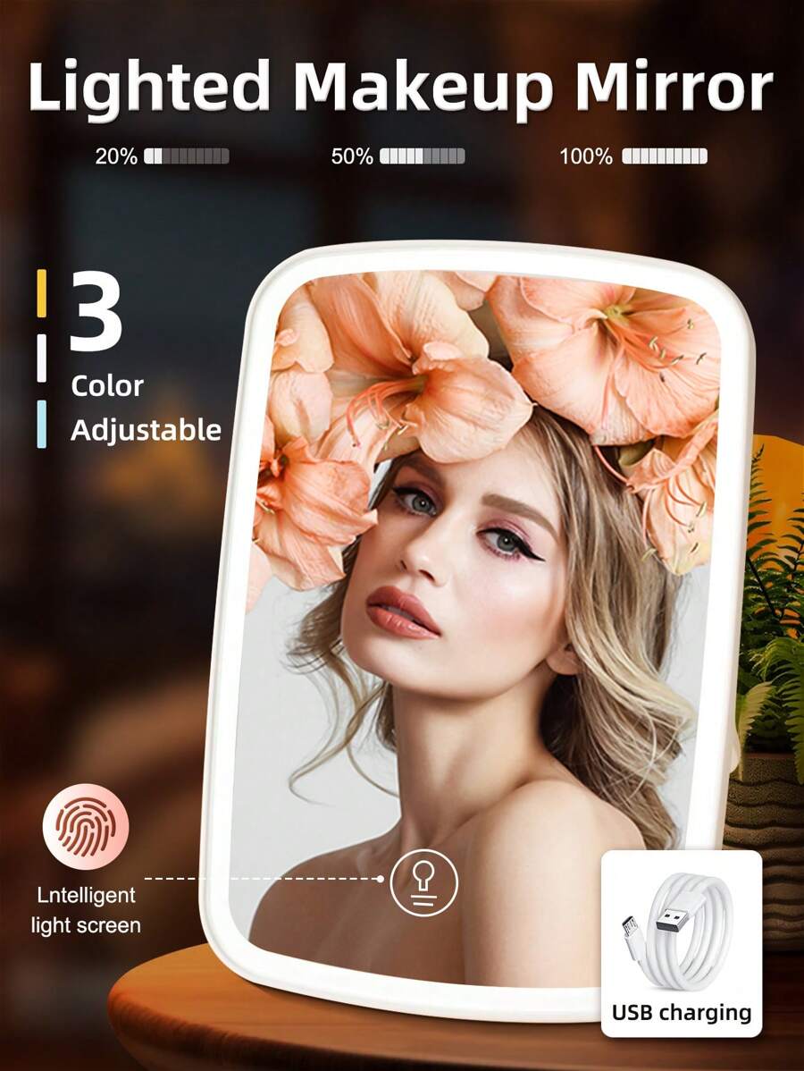 1pc LED Makeup Mirror With 3 Color Lighting, Vanity Mirror Modern Style, Touch Control, Adjustable Brightness, Portable Folding Design, Vanity Mirror With Front Light,Brightness Adjustable Cosmetic Light Up Mirror, LED Mirror For Desk Dorm, Makeup Mirror Gifts For Women