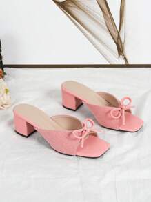 Pink Canvas Square Toe High Heel Sandals With Bow Decor, Open Toe & Backless Design, Fashion Ladies Shoes Valentines