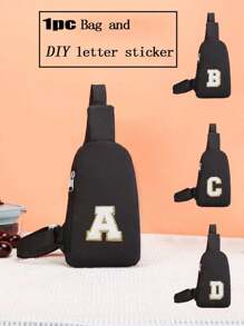 1pc Zipper Closure Fashion Letter Sticker Chest Bag Versatile Casual Messenger Bag Suitable For Daily Use Suitable For Daily Use, Sports, Outings, Outdoor - Black - View 2