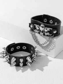 1 pieza Brazalete de PU con calavera y remaches de estilo punk, brazalete unisex gótico exagerado con remaches, brazalete de pareja de estilo rock, versátil para el uso diario de moda vintage