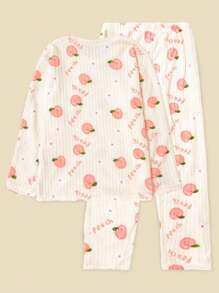 2pcs Winter Coral Fleece Top & Pants Fluffy Pajama Set, Warm Sleepwear Set, Fresh Fruit Print Lounge Set,Two Pieces Set, Fall Winter Clothes