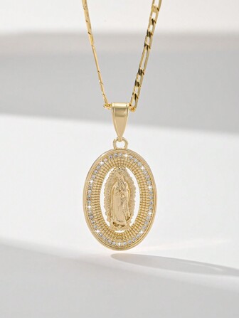 1pc European & American Style New Hypoallergenic Copper Inlaid Zirconia Fashion Faith Guadalupe Virgin Mary Pendant Necklace, Suitable For Christmas/Thanksgiving/Halloween/Mother's Day/Valentine's Day Couples/Friends/Communion, Religious Gifts, Daily & Holiday Wear