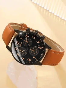 4入組男士棕色PU錶帶休閒石英手錶和手鍊套裝，畢業禮物、開學優惠不容錯過 - 棕色 - 查看 3