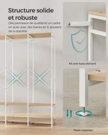 SONGMICS Armoire Vêtements Portable, Penderie Métal Pliable, Étagères de Rangement avec Tringle, Crochet Amovible, 40 x 141 x 180 cm, Beige naturel - Blanc - Voir 4