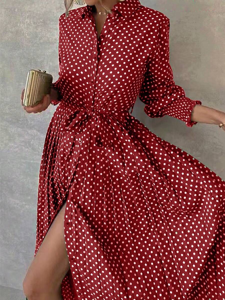 Women's Polka Dot Print Tie Detail Summer Dress, Elegant Polka Dot Music Festival Spring Outfits - Đỏ - Xem 1