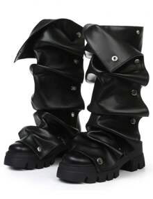 女士中筒黑色靴子厚底高跟鞋褶皱靴膝盖高折叠粗跟短靴圆头宽筒套脚鲨鱼靴日常派对 Y2K 女式正装靴 - 黑色 - 查看 3