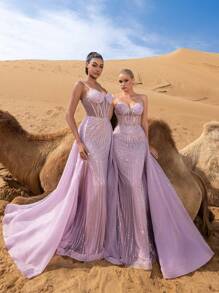 Faeriesty Haute Glamour Women's Elegant Formal Evening Dress With Delicate Spaghetti Straps And Flattering Mermaid-Style Skirt, Embellished With Sparkling Beads And Intricate Embroidery For A Sophisticated Silhouette, Perfect For Black-Tie Galas, Wedding Receptions, Red-Carpet Events, Award Ceremonies, And Charity Balls. - Mauve Purple - View 9