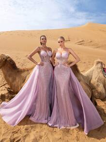 Faeriesty Haute Glamour Women's Elegant Formal Evening Dress With Delicate Spaghetti Straps And Flattering Mermaid-Style Skirt, Embellished With Sparkling Beads And Intricate Embroidery For A Sophisticated Silhouette, Perfect For Black-Tie Galas, Wedding Receptions, Red-Carpet Events, Award Ceremonies, And Charity Balls. - Mauve Purple - View 12