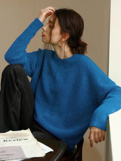 Knit Mix Elegant Women Knitted French Commuter Sweater, Casual Loose Long Sleeve Crew Neck Pullover, Suitable For Autumn/Winter, Christmas, Thanksgiving, New Year, Valentine's Day And Other Holidays, Ideal Choice For Back To School Season And Fall Women's Wear
