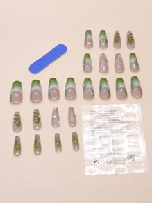 24 Pieces Of Long Coffin-Shaped Green Cool Three-Dimensional Vine Gradient French Pearl Gentle Elegant Fashion Nail Patch Set Is Suitable For Girls To Wear Daily Press On Nails Nail Supplies Nails