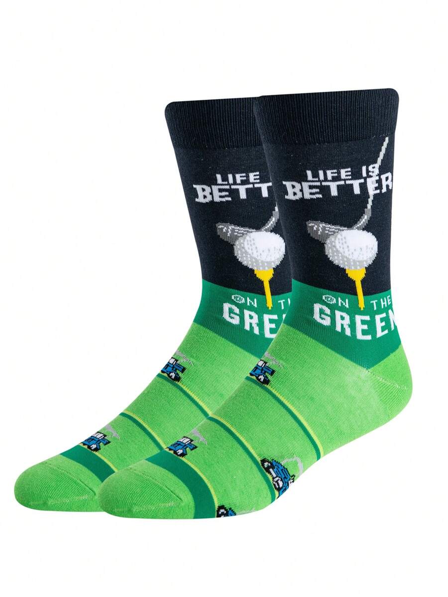 1 Pair Men Creative Golf Design Socks, Comfortable & Breathable Mid-Calf Socks, Women Knee High Socks With Funny Patterns, Crazy Happy Socks, Fall - Multicolor - View 1