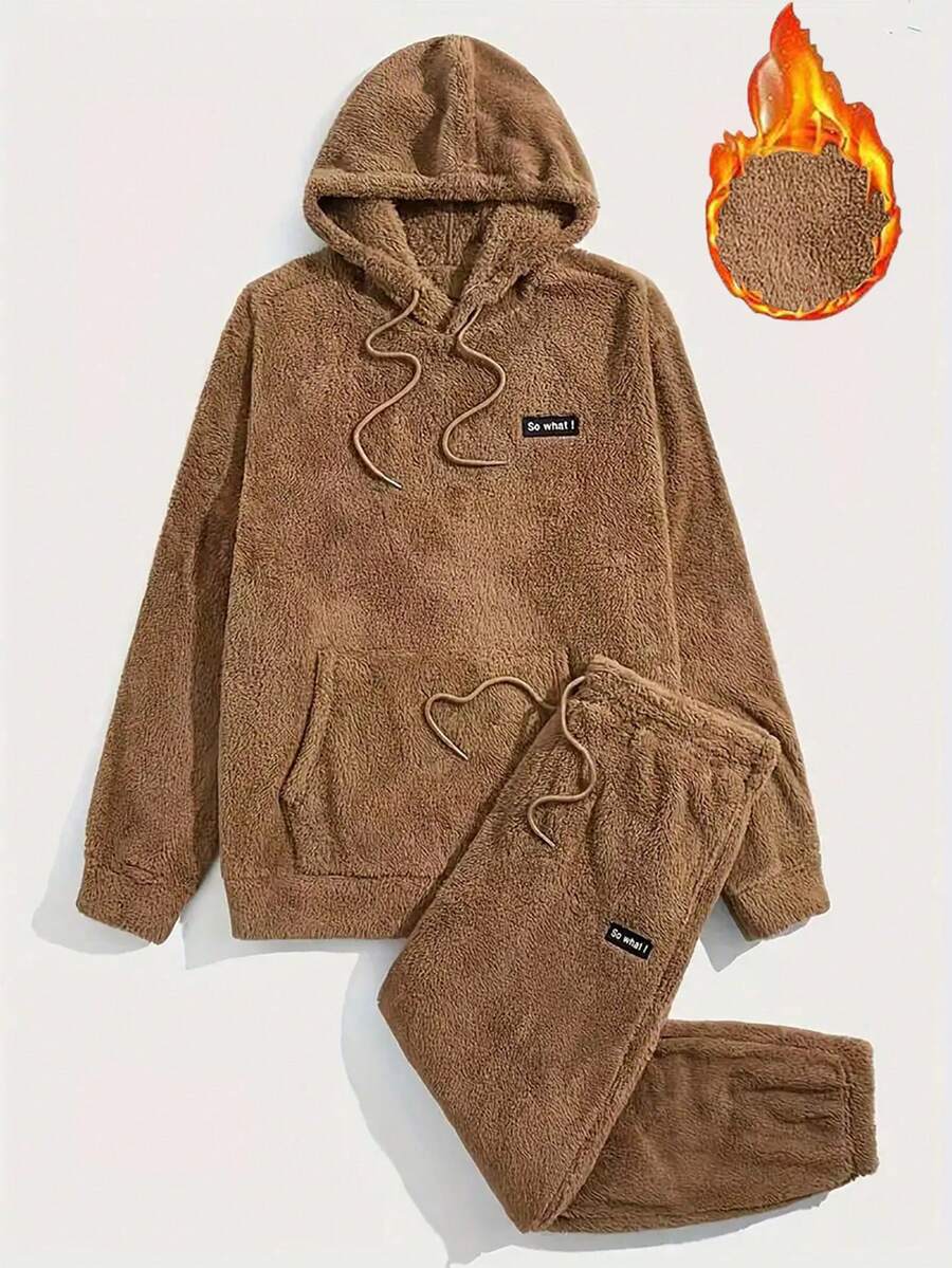 2pcs Men's Plush Casual Outfit, Long Sleeve Thick Fleece Hoodie Sweatshirt And Sweatpants Set, Fall Clothes Winter - Camel - View 1