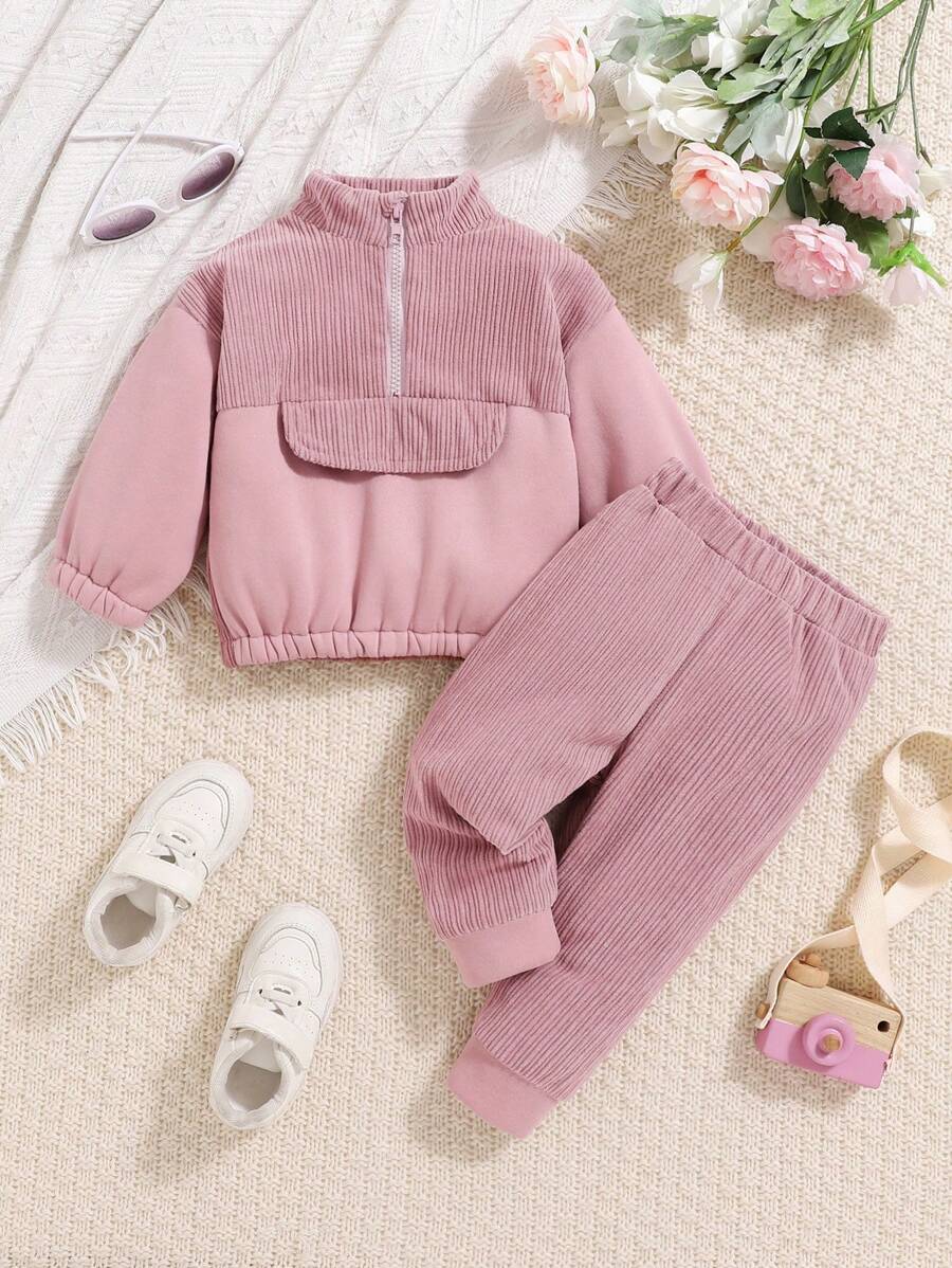 女婴粉色拉链连帽运动衫套装，秋冬 - 粉色 - 查看 1