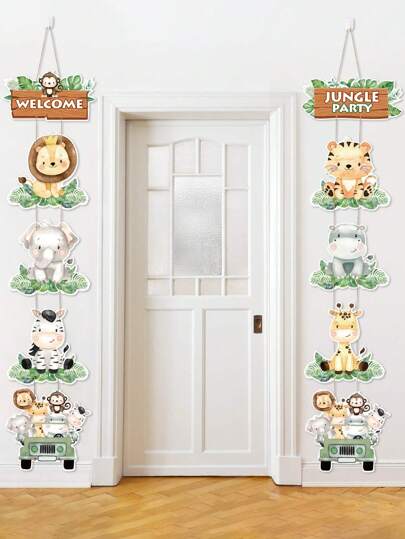 1 Set Animal Paper Door Hanging, Jungle Animal Design Style Banner, Made Of Polyester Paper, Suitable For Indoor And Outdoor Use, Perfect For Birthday Party Decoration And Home Door Decor