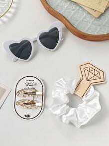 6pcs Wedding Bridesmaid Proposal Gift Hair Accessories Set: Multi-Color Versatile Scrunchies, Heart Shaped Glasses, 1 Pair Pearl Earrings, 1 Pair Gold Foil Hair Clips With Cards, All Perfectly Matched