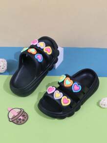 1 Pair Kids Non-Slip Outdoor Sandals, Colorful Heart Design Toddler Girls Beach Slippers, Children Summer Breathable Slippers