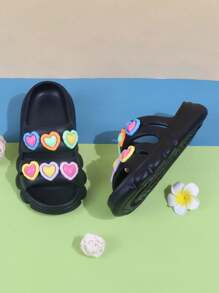 1 Pair Kids Non-Slip Outdoor Sandals, Colorful Heart Design Toddler Girls Beach Slippers, Children Summer Breathable Slippers