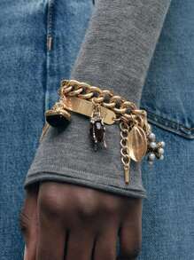 1pc Fashionable Layered Vintage Insect, Heart Shaped Zinc Alloy Pendant Women Bracelet Chain