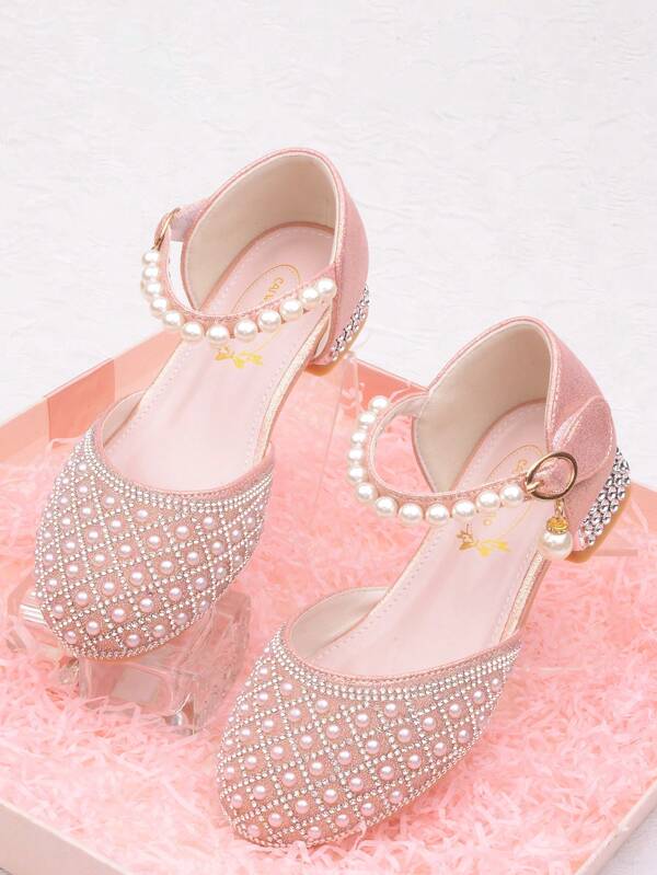 Zapatos de tacón alto de cristal para niños, zapatos de princesa para fiestas con niñas con rhinestones, sandalias de punta cerrada para niñas pequeñas