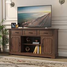 TV Stand With 3 Drawers For TV Up To 65'', Wood Television Stand, Entertainment Center With Storage, Mid Century TV Cabinet With Adjustable Shelves, TV Console For Living Room, Bedroom, Green - Brown - View 1