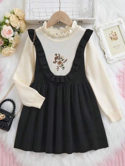 1 件可爱公主风格毛衣裙，花卉刺绣圆领针织白色和红色花朵图案褶皱下摆连衣裙，适合年轻女孩