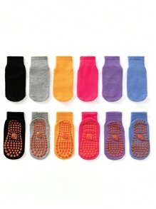 6 Pairs Kids Indoor Rubber Dot Non-Slip Short Socks, Solid Color Casual Socks For Students