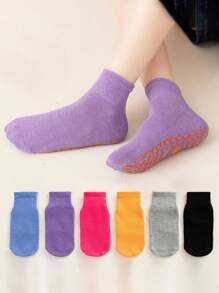 6 Pairs Kids Indoor Rubber Dot Non-Slip Short Socks, Solid Color Casual Socks For Students