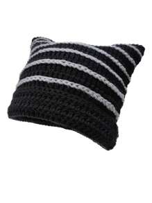 1pc Unisex Hand Knitted Cute Striped Cat Ear Beanie Hat, Autumn Winter Warm Ear Protective Handmade Striped Ski Mask Street Fashion Hip-Hop Couple Headwear - Multicolor - View 29
