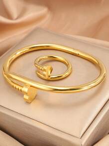 2 piezas combinación de brazalete y anillo clásicos de acero inoxidable con diseño de corazón/flor, de estilo sencillo y moderno, look atemporal, adecuado para todos tus estilos