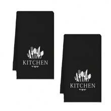2/4 pièces Serviettes de cuisine super absorbantes en microfibre - motif cuillère et fourchette, idéales pour le séchage de la vaisselle et des mains, la décoration des fêtes et l'usage quotidien