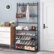 1pc,4/5 Tier Storage Shelf,Standalone Coat Rack With 8 Double Hooks,31.49 Inch Wide Hallway Shoe Rack,Entryway Coat Rack,Living Room, Bathroom, Hallway Shoe Organizer - Black - View 1