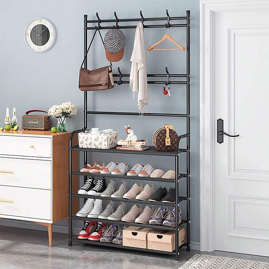 1pc,4/5 Tier Storage Shelf,Standalone Coat Rack With 8 Double Hooks,31.49 Inch Wide Hallway Shoe Rack,Entryway Coat Rack,Living Room, Bathroom, Hallway Shoe Organizer - Black - View 1