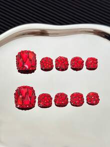 10 piezas/paquete Pegatinas de uñas cuadradas con strass completo y brillante, hechas a mano con diamantes asimétricos multicolores transparentes y diseño de lentejuelas, envolturas de uñas completas reutilizables y llamativas para mujeres - Rojo - View 11