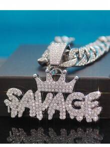 1 Piece Shiny Savage Pendant Necklace - Ice Cuban Chain, Miami Style, Hip Hop Jewelry, Unisex Gift For Men And Women, Choker Necklace, Fashion Accessories - 銀色 - 查看 3