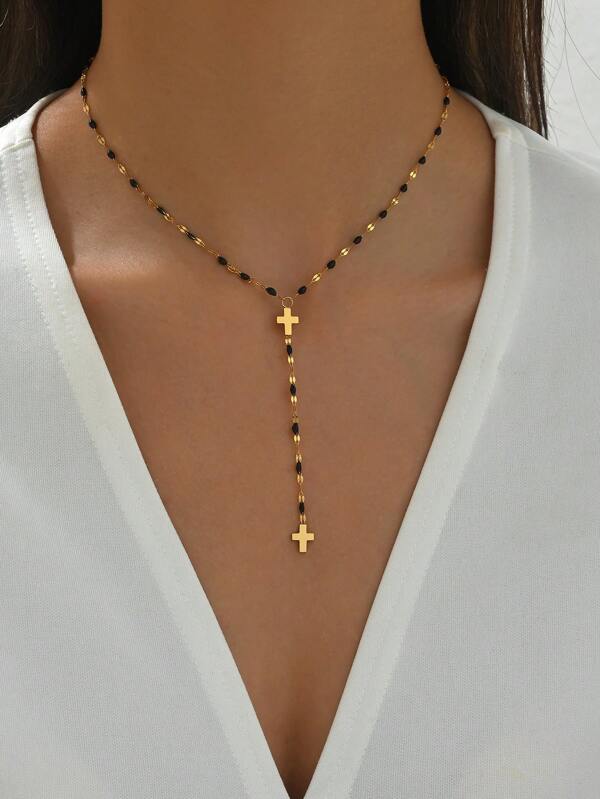 LIEBEIRIS 1 pieza Collar de acero inoxidable con forma de cruz de gota de aceite chapada en oro de 18K y borla, adecuado para uso diario de mujeres y regalo