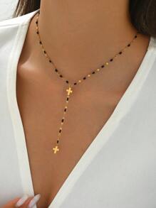 LIEBEIRIS 1 件 18K 镀金油滴 Y 形和流苏不锈钢项链，适合女性日常佩戴和礼物 - 黑色 - 查看 4