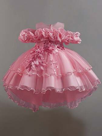 Young Girls Applique Tulle Elegant Tailcoat Princess Dress, Suitable For Birthday Party, Banquet, Does Not Include Headband