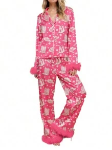 Women Christmas Pajamas Lounge Set Santa/Christmas Tree/Boots Print Shirts Tops And Pants 2 Piece Loungewear Outfits - Hot Pink - View 1